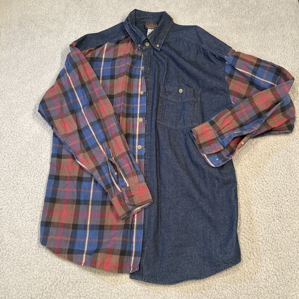 Vintage Duxbak Shirt Mens Large Blue Denim Jean Plaid Country Button Down Cowboy